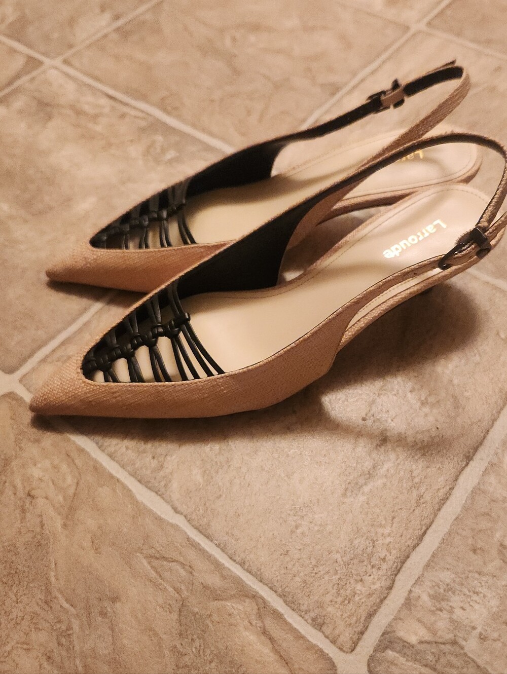 Larroude Beige and Black Slingback Kitten Heels - Picture 6 of 10